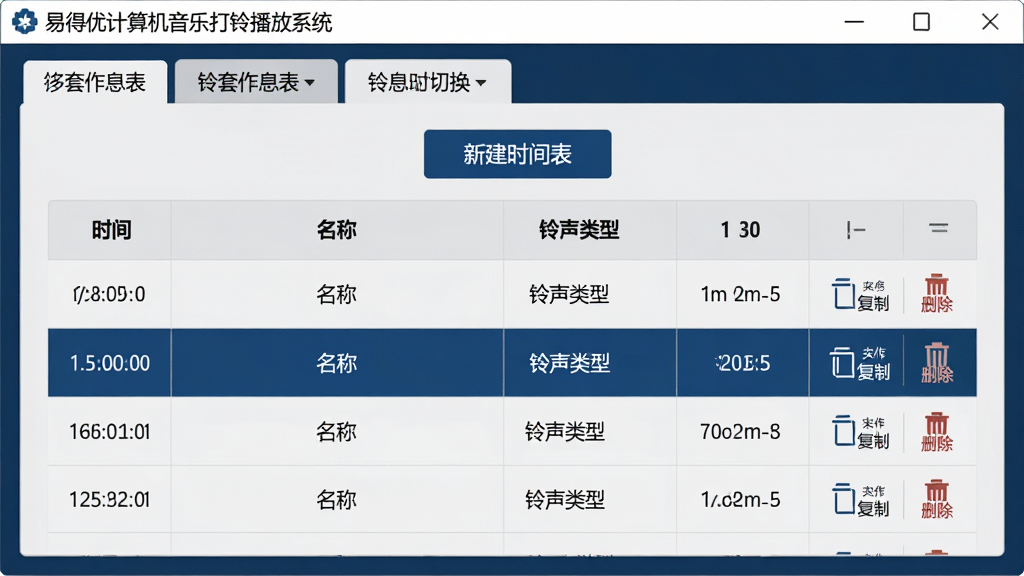 主体:易得优计算机音乐打铃播放系统的时间表管理界面,显示多套作息表切换标签。布局:界面中央为时间表列表,上方有“新建时间表”按钮。排版:列表以表格形式呈现,每行包含“时间”、“名称”、“铃声类型”等列。风格:商务简洁风格,配色以浅灰与深蓝为主。细节:高亮显示当前选中的时间表,并有“复制”和“删除”操作图标。画质:清晰,干净,无多余元素。
