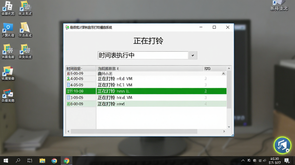 主体:易得优计算机音乐打铃播放系统在电脑桌面上运行的截图,时间表正在执行中。布局:屏幕中央显示软件主窗口,右下角托盘图标亮起。排版:窗口内显示“正在打铃”状态提示,并列出当前播放的曲目。风格:真实场景风格,桌面有图标和任务栏。细节:时间表列表中有绿色高亮行,表示正在执行的打铃任务。画质:清晰,干净,无多余元素。