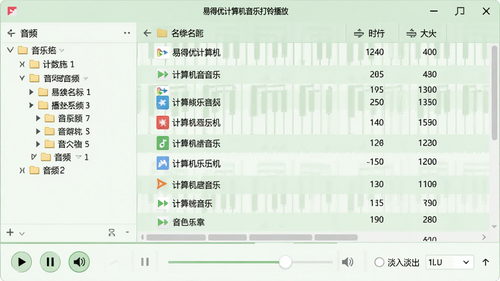 主体:易得优计算机音乐打铃播放系统的音乐库管理界面,显示音频文件列表。布局:左侧为文件夹树状目录,右侧为音乐文件列表,底部为播放控制条。排版:列表简洁,包含文件名、时长、大小信息。风格:清新浅色风格,背景为淡绿色。细节:播放控制条上有播放/暂停按钮,音量滑块,以及“淡入淡出”设置选项。画质:高清,干净,无多余元素。
