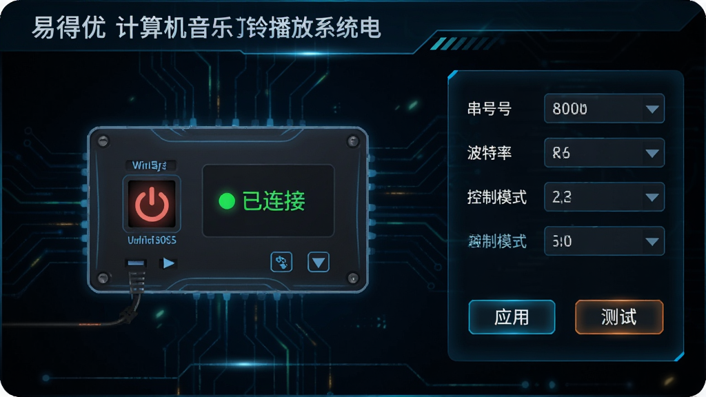 主体:易得优计算机音乐打铃播放系统的电源控制设置界面,显示设备连接状态。布局:界面中央有电源控制器的示意图,右侧为参数配置区。排版:参数区包含串口号、波特率、控制模式等选项。风格:科技感风格,深色背景与发光线条。细节:示意图上有电源开关图标,并显示“已连接”状态,参数区有“应用”和“测试”按钮。画质:高清,干净,无多余元素。