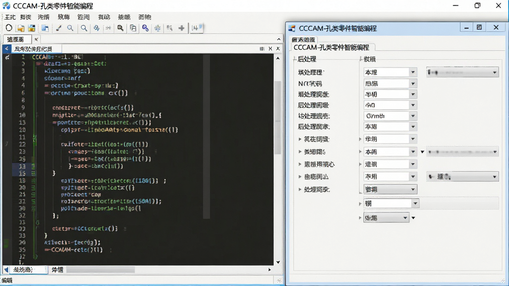 主体:软件生成NC代码的编辑界面与后处理配置窗口,布局:左侧为代码编辑器,右侧为后处理参数设置,排版:界面清晰,代码高亮显示,风格:专业编程软件风格,细节:画面中显示