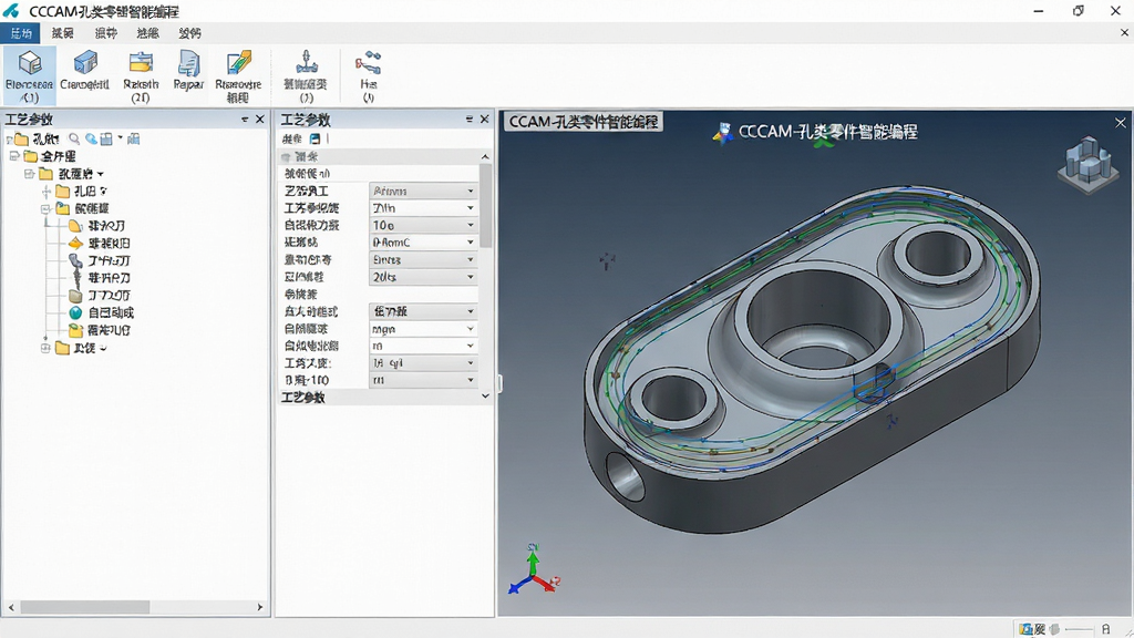 主体:软件主界面展示孔类零件三维模型与自动生成的刀具路径,布局:左侧为零件树与工艺参数面板,右侧为3D视图窗口,排版:界面整洁有序,功能图标清晰,风格:现代工业软件风格,细节:界面中显示