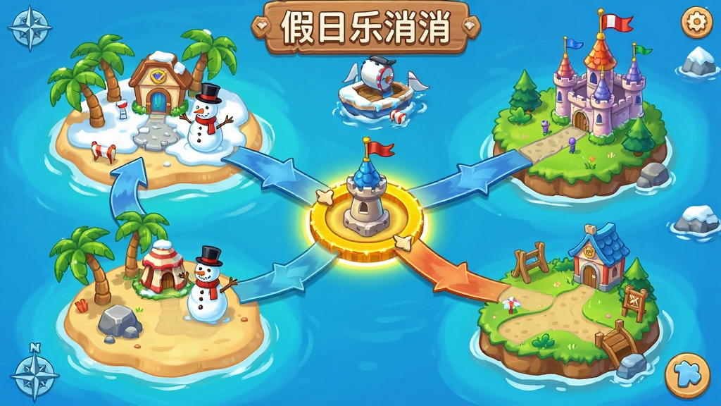 主体:假日乐消消游戏地图界面,展示多个风格不同的岛屿,每个岛屿有独特的地标建筑。布局:俯视视角,岛屿错落有致,用航线连接,当前关卡位置高亮标记。排版:层次分明,引导玩家探索。风格:卡通手绘风格,色彩丰富。细节:海滩上的椰子树、雪地里的雪人、城堡上的旗帜等元素清晰可见。画质:精细渲染,干净清新。