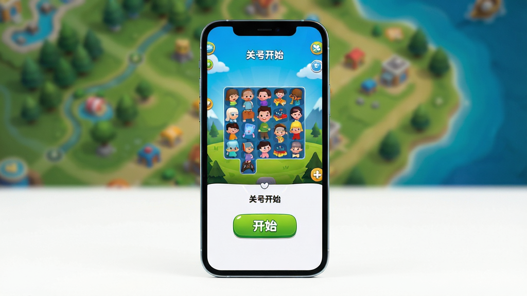主体:手机屏幕上运行假日乐消消游戏的实拍图,画面显示关卡开始界面。布局:手机竖屏居中,背景为虚化的游戏地图。排版:突出手机屏幕中的游戏画面,周围留白。风格:写实摄影风格,光线柔和。细节:手机边框圆润,屏幕中“开始”按钮清晰可见。画质:高分辨率,干净整洁。