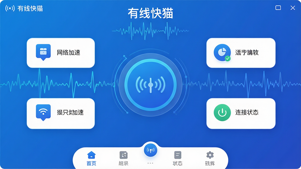 主体:有线快猫软件主界面,展示网络加速仪表盘与连接状态图标。布局:中央为圆形加速按钮,周围分布功能模块图标,底部为导航栏。排版:左右对称,图标间距均匀,文字标签清晰。风格:现代扁平化设计,主色调为蓝色与白色,科技感强。细节:屏幕上有“有线快猫”字样,信号波形动态效果,背景为渐变蓝。画质:高清渲染,干净整洁,无多余元素。