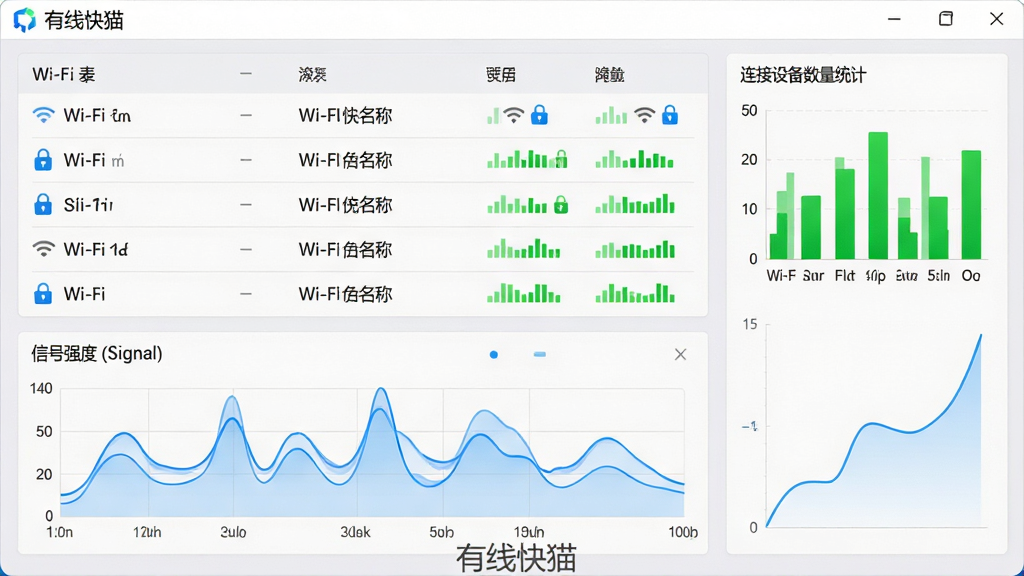 主体:有线快猫软件网络管理界面,展示Wi-Fi列表与信号强度图表。布局:上方为Wi-Fi列表,下方为信号强度波形图,右侧为连接设备数量统计。排版:列表清晰,图表平滑,信息分区明确。风格:简洁商务风,浅灰色背景,蓝色数据线条。细节:Wi-Fi名称旁有锁形图标,信号强度用绿色柱状图展示,底部有“有线快猫”水印。画质:高清,干净,无多余元素。