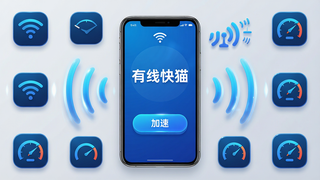 主体:手机屏幕显示有线快猫软件运行界面,旁边有网络信号增强图标。布局:手机居中,周围环绕Wi-Fi波形、速度仪表等元素。排版:手机屏幕内显示加速按钮,周围图标对称分布。风格:现代科技风,蓝色主调,光影效果明显。细节:屏幕上有“有线快猫”字样,信号波纹从手机向外扩散,背景为浅灰色。画质:高清渲染,干净,无多余元素。