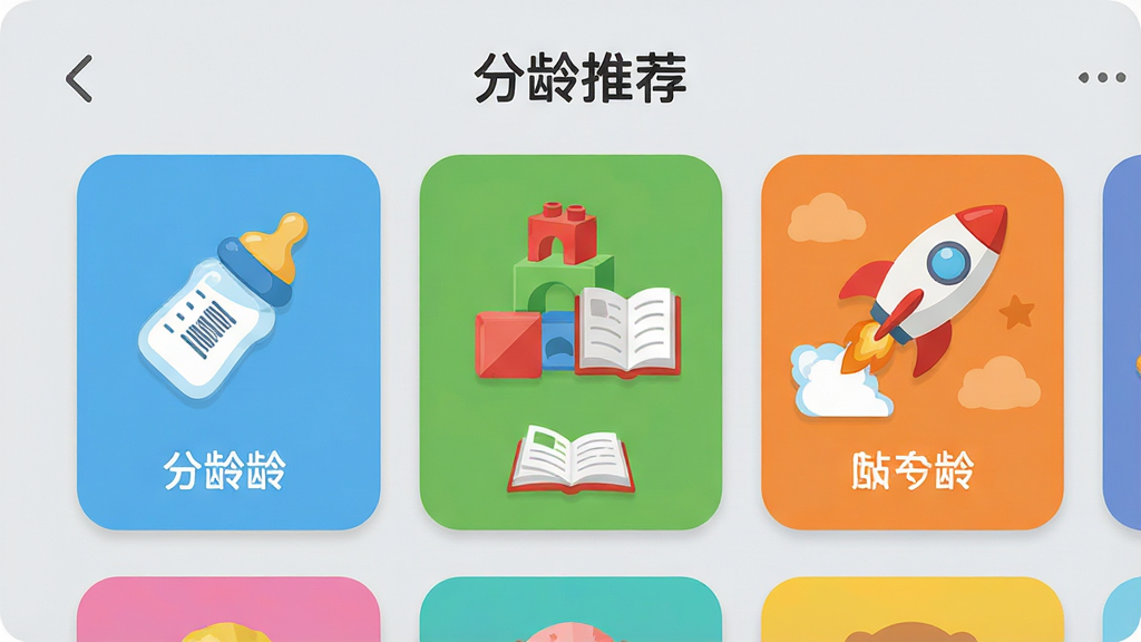 ���壺ϲ�����Ŷ�ͯApp�ġ������Ƽ������ܽ��棬չʾ��ͬ����εĿ�ͨͼ�꣬����ƿ����ľ���鱾�ͻ�������֣��������У�ÿ������ο�Ƭɫ�ʲ�ͬ�������׶����Ű棺�����࣬��ͼ�����Լ�����ֱ�ǩ����񣺱�ƽ����ƣ�ɫ�����޵������ۡ�ϸ�ڣ�ÿ������ο�Ƭ���д����Ե�Сͼ�꣬��������͵�ǳ��ɫ��ͻ����Ƭ���ݡ����ʣ����壬����ɾ����࣬�޶���Ԫ�ء�