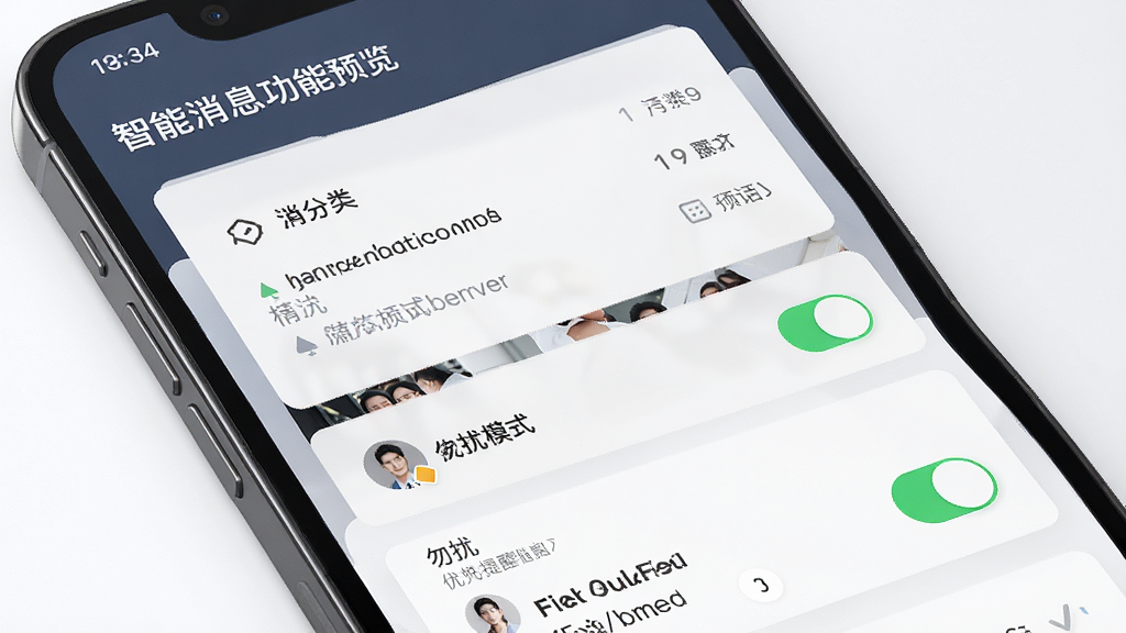 微领地智能消息管理功能预览,主体为手机屏幕显示消息分类和置顶会话,布局清晰有序,排版采用卡片式设计,风格简洁商务,细节包括勿扰模式和优先提醒开关,画质高清,干净无多余元素
