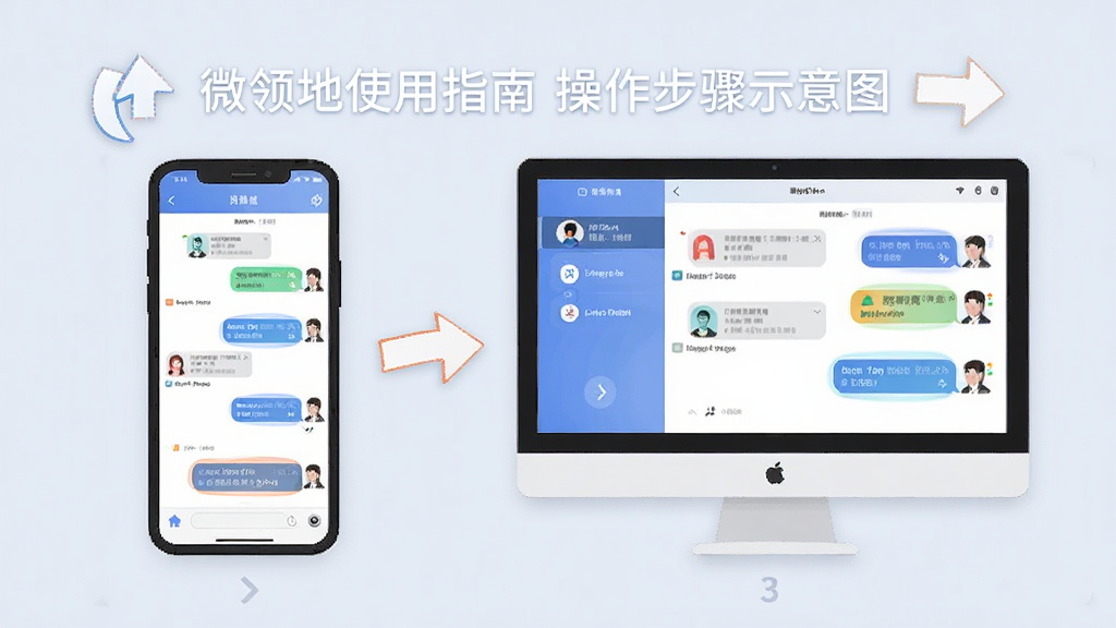 微领地使用指南操作步骤示意图,主体为手机和电脑同时显示聊天界面,布局采用分步图示,排版简洁明了,风格现代扁平,细节包括箭头指示和操作高亮,画质高清,干净无多余元素