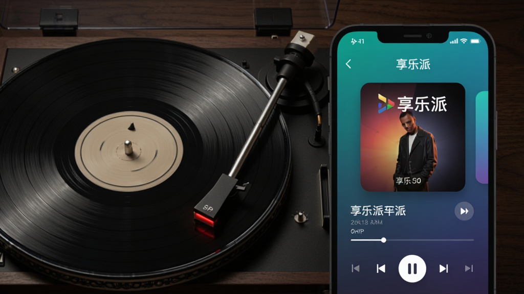 主体:黑胶唱片机与享乐派APP界面叠放;布局:唱片机位于左侧,APP界面位于右侧,背景为深色木质纹理;排版:突出唱片纹理与APP播放界面;风格:复古与科技融合;细节:唱片旋转,唱针落下,APP屏幕显示“享乐派”与专辑信息;画质:超清,氛围感强,干净无多余元素