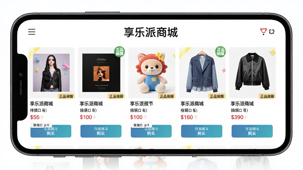 主体:享乐派商城页面展示;布局:商品陈列于手机屏幕中,涵盖专辑、玩偶、服饰等;排版:网格布局,价格与购买按钮清晰;风格:明亮活泼,电商风格;细节:商品标签“正品保障”,屏幕上方“享乐派商城”字样;画质:高清干净,无多余元素
