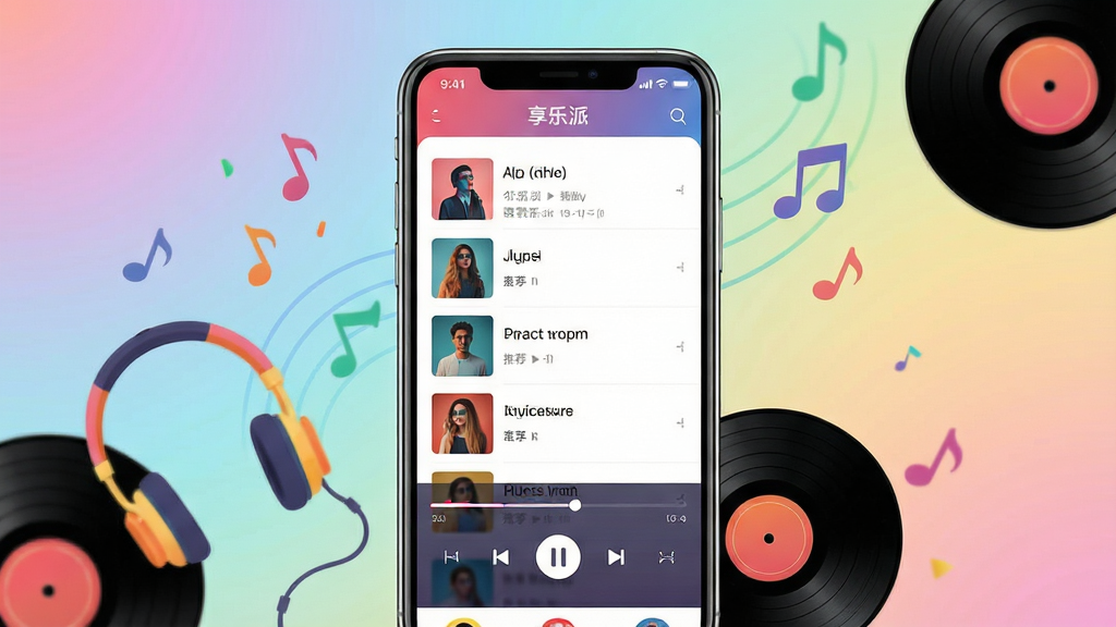 主体:享乐派APP界面展示,手机屏幕中显示音乐播放页面与专辑封面墙;布局:手机居中,屏幕内呈现歌曲列表、播放控制条与推荐专辑模块,背景为柔和渐变色;排版:画面干净,突出APP界面细节;风格:现代扁平化,色彩鲜明,音乐元素点缀;细节:音乐音符飘动,耳机与黑胶唱片作为装饰,屏幕中文字显示“享乐派”;画质:8K超清,干净,无多余元素