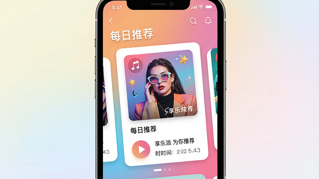 主体:享乐派推荐歌单界面;布局:手机屏幕中展示“每日推荐”歌单卡片,背景为渐变色;排版:卡片式滑动,封面配歌单名;风格:时尚活泼;细节:播放按钮、歌曲数、时长信息,文字“享乐派为你推荐”;画质:高清明亮,无多余元素