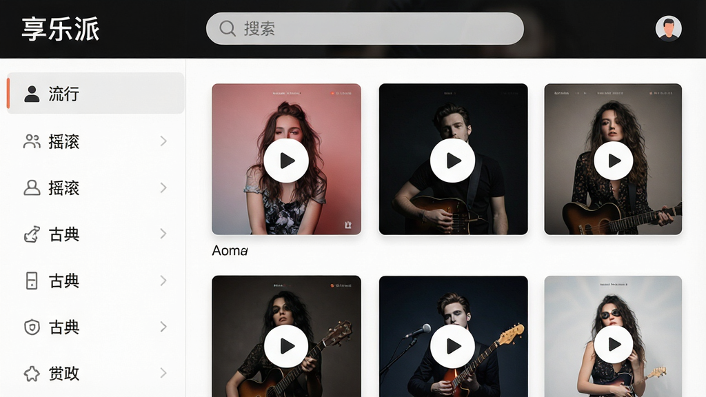 主体:享乐派APP的曲库分类页面;布局:左侧为分类列表(流行、摇滚、古典等),右侧为专辑封面网格;排版:清晰有序,封面大小统一;风格:简洁明亮;细节:播放按钮悬浮于封面之上,页面顶部搜索栏,文字标注“享乐派”;画质:高清干净,无多余元素