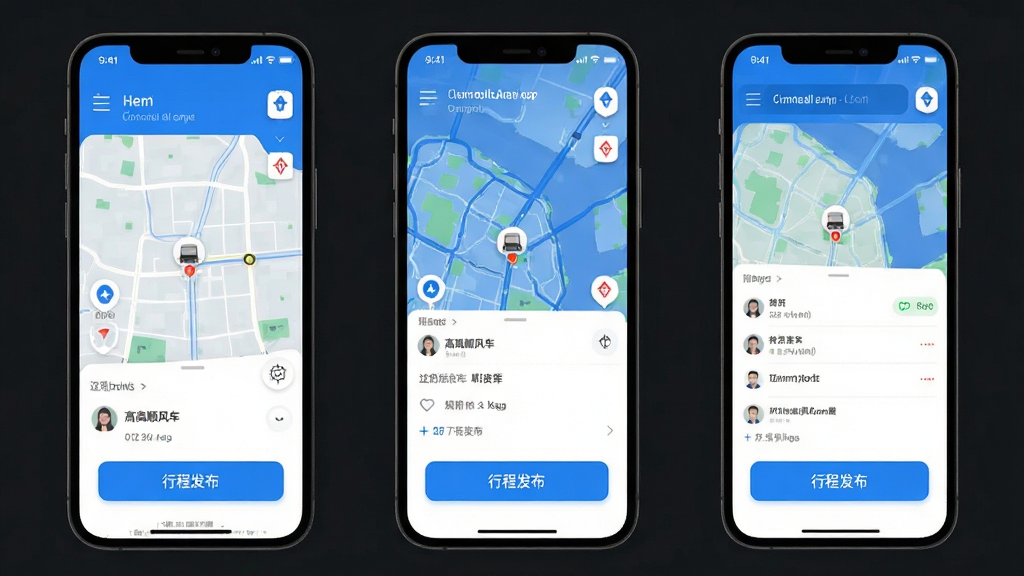 高滴顺风车APP界面预览图,展示首页地图与行程发布按钮,整体风格简洁现代,以蓝白为主色调,图标清晰,布局合理,画质高清,干净无多余元素