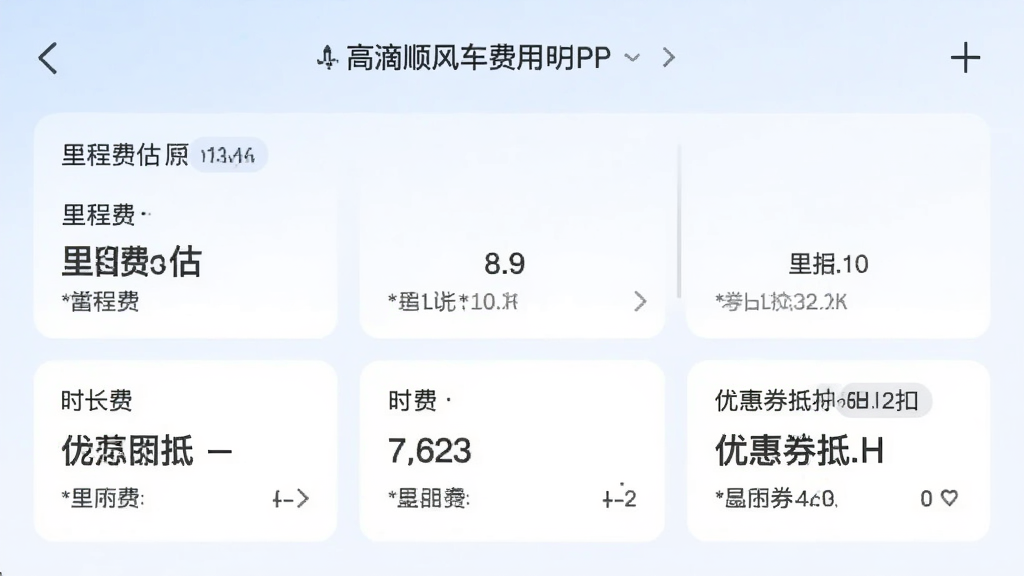 高滴顺风车费用明细界面预览图,展示行程预估费用与费用构成,包含里程费、时长费与优惠券抵扣,界面简洁,数字清晰,背景为淡蓝色调,画质高清,无多余元素