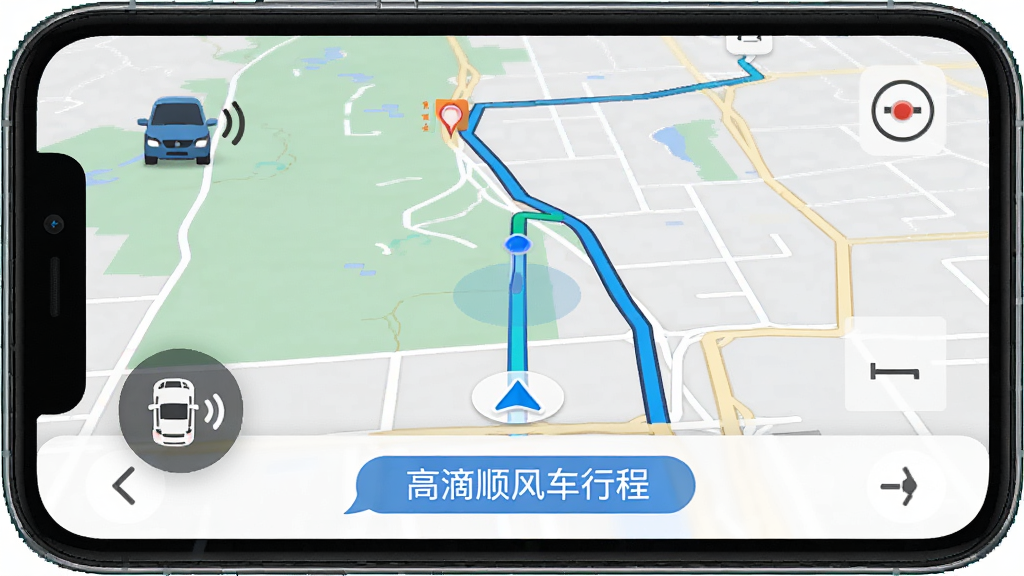 高滴顺风车行程导航预览图,展示手机屏幕上的导航界面,路线清晰,语音播报图标明显,车辆位置实时更新,背景为地图样式,画质高清,干净无多余元素