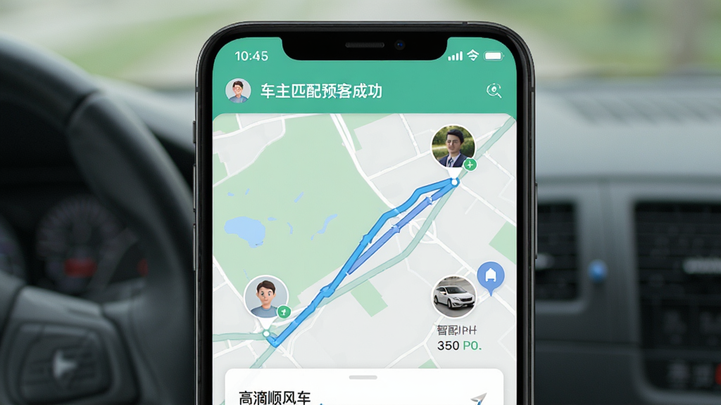 高滴顺风车智能匹配功能预览图,展示手机屏幕上车主与乘客路线匹配成功的界面,地图上显示两条路线重合,双方头像与车辆信息清晰可见,界面友好,画质清晰,无多余元素
