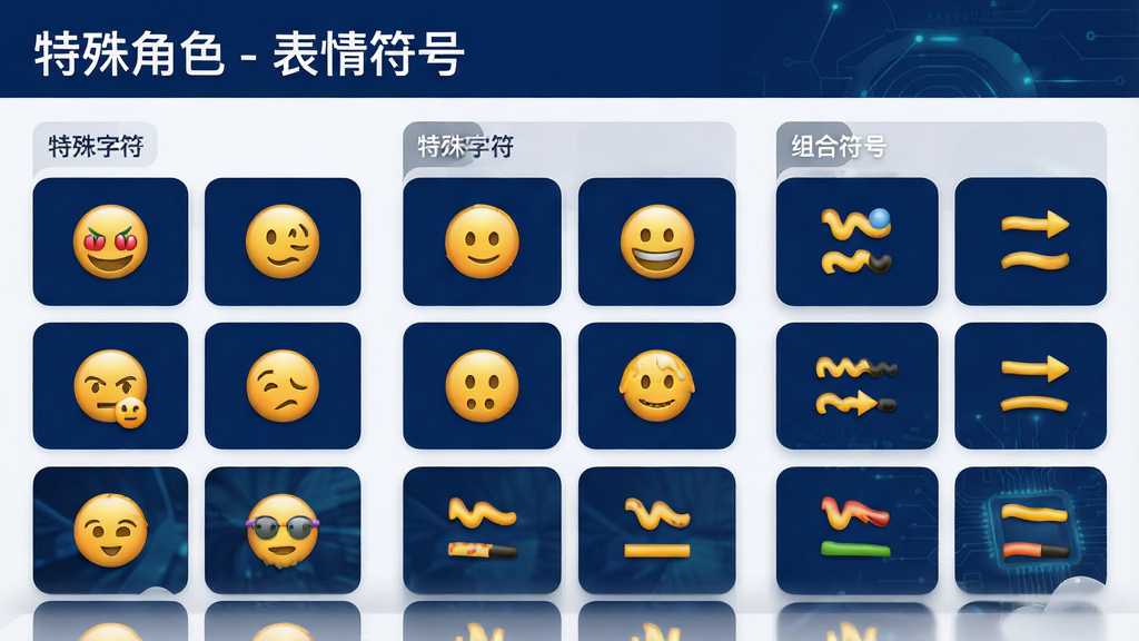 一张展示「特殊角色 - 表情符号」应用主界面的高清截图,界面顶部显示应用名称“特殊角色 - 表情符号”,下方为分类清晰的符号列表,包含人物表情、特殊字符、组合符号等分区,每个符号以卡片形式排列,整体布局简洁明快,配色以深蓝与白色为主,风格现代且富有科技感,画质清晰干净,无多余元素