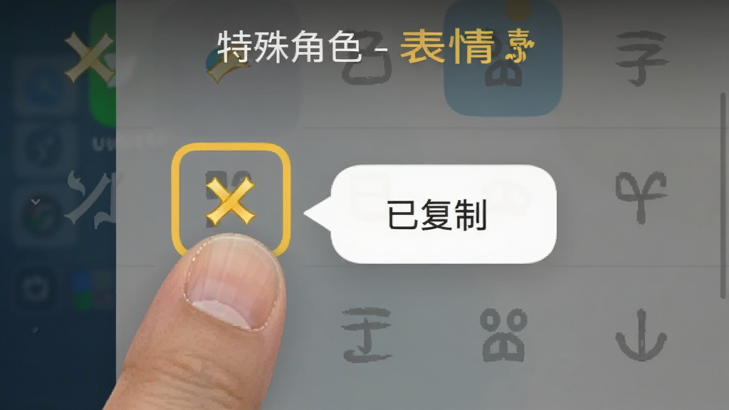 展示「特殊角色 - 表情符号」一键复制功能的操作截图,画面中手指点击某个特殊符号,符号高亮显示并弹出“已复制”提示气泡,背景为应用列表界面,其他符号呈半透明状态,整体风格清晰直观,画质细腻,干净无多余元素