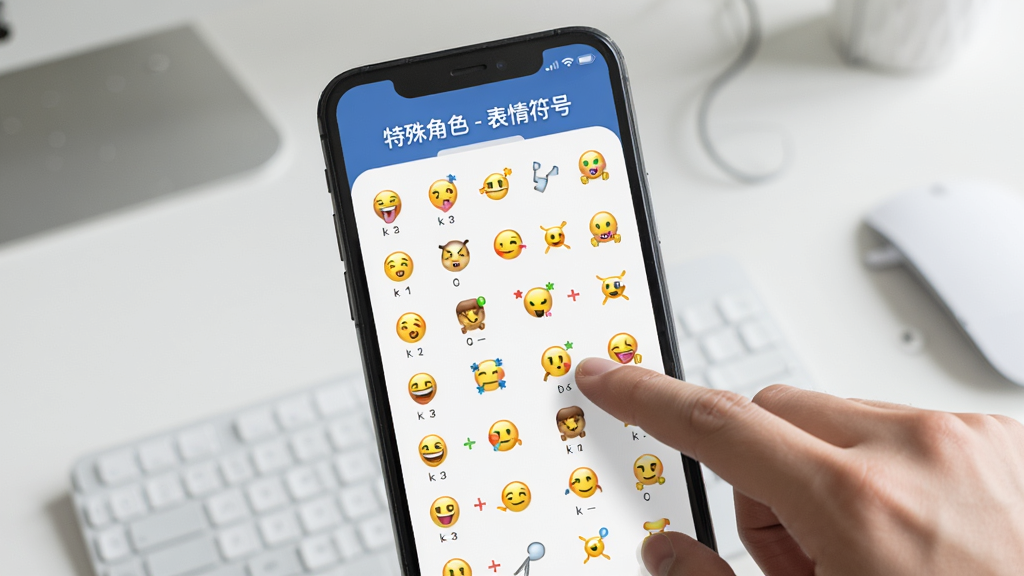 展示「特殊角色 - 表情符号」应用在手机上的运行状态图,手机屏幕显示应用主界面,上方有“特殊角色 - 表情符号”字样,下方符号列表整齐排列,旁边有一只手正在点击某个符号,背景为简洁的桌面,画质清晰,干净无多余元素