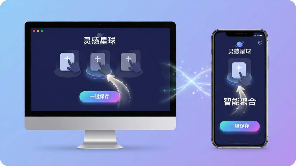 主体:电脑屏幕和手机屏幕同时显示“灵感星球”的收集界面,界面中有拖拽图标和“一键保存”按钮;布局:左右分屏,左侧电脑,右侧手机,中间有光线连接;排版:界面元素整齐排列,文字“智能聚合”醒目;风格:现代扁平化结合微立体;细节:拖拽动作有发光轨迹,按钮有渐变色彩,背景为柔和的蓝紫色渐变;画质:高清晰度,干净,无多余元素