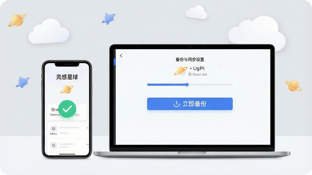 主体:手机和电脑并排放置,屏幕显示“灵感星球”的备份与同步设置界面,界面有“立即备份”按钮;布局:设备居中,背景为淡灰色,有云朵图标;排版:设置项清晰,按钮醒目;风格:简洁商务风;细节:手机屏幕有对勾动画,电脑屏幕有进度条,光线柔和;画质:干净,无多余元素