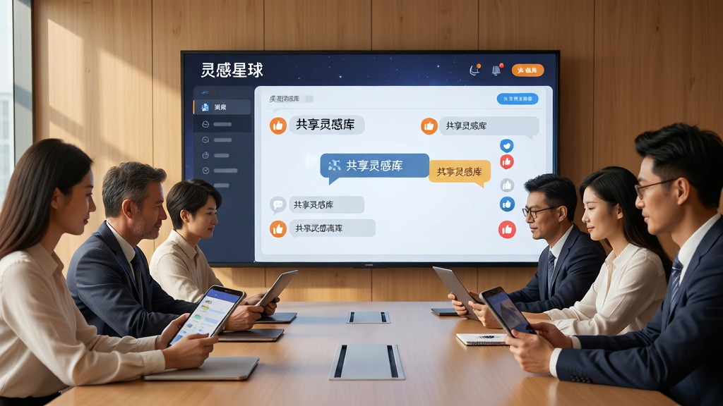 主体:多人围坐在会议桌旁,各自手持设备,大屏幕上显示“灵感星球”的团队协作界面,界面有评论气泡和点赞图标;布局:大屏幕居中,人物环绕;排版:界面结构清晰,互动元素突出;风格:写实商务风,暖色调;细节:人物表情专注,屏幕上有“共享灵感库”字样,光线明亮;画质:超清,干净,无多余元素