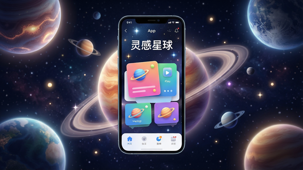主体:一部亮着屏幕的智能手机悬浮在宇宙星空中,屏幕显示“灵感星球”App界面,界面内有彩色卡片和星球图标;布局:手机居中,周围环绕大小不一的星球和光点;排版:手机屏幕内容清晰可见,主标题“灵感星球”位于画面上方;风格:科技感、梦幻、高清渲染;细节:星球表面有发光纹理,光晕柔和,手机屏幕反射星光,界面图标精致;画质:8K超清,干净,无多余元素