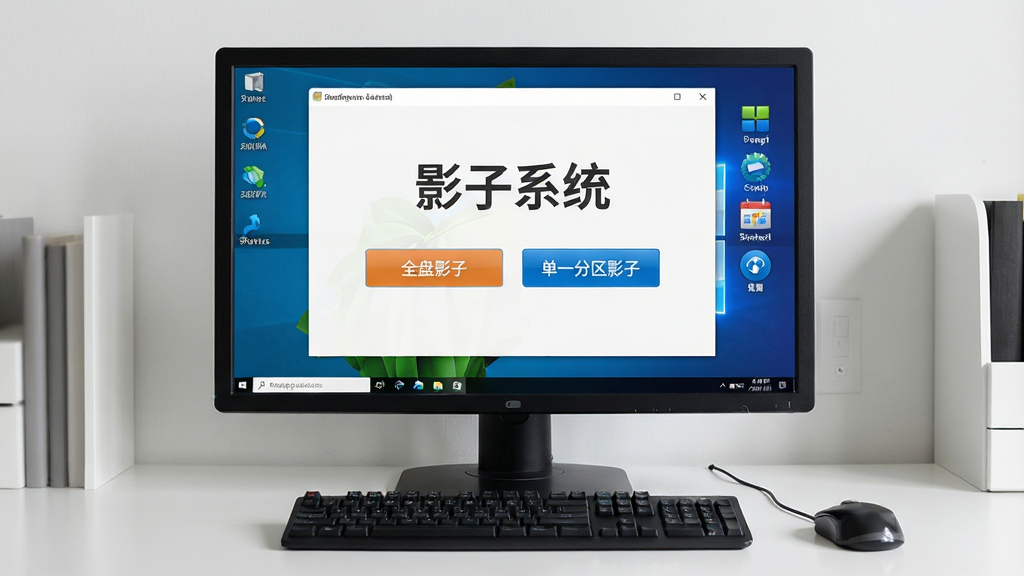 一张展示“影子系统”软件在Windows桌面上运行的实拍风格图片,主体为电脑屏幕显示影子系统主界面,界面中有模式切换按钮和系统状态图标,屏幕下方有键盘和鼠标;布局为电脑屏幕居中,周围环境为简洁书房场景;风格写实,光线自然,屏幕内容清晰可见;细节上,屏幕中显示“影子系统”四个字,以及“全盘影子”“单一分区影子”两个选项按钮,画面干净无多余元素,画质高清。