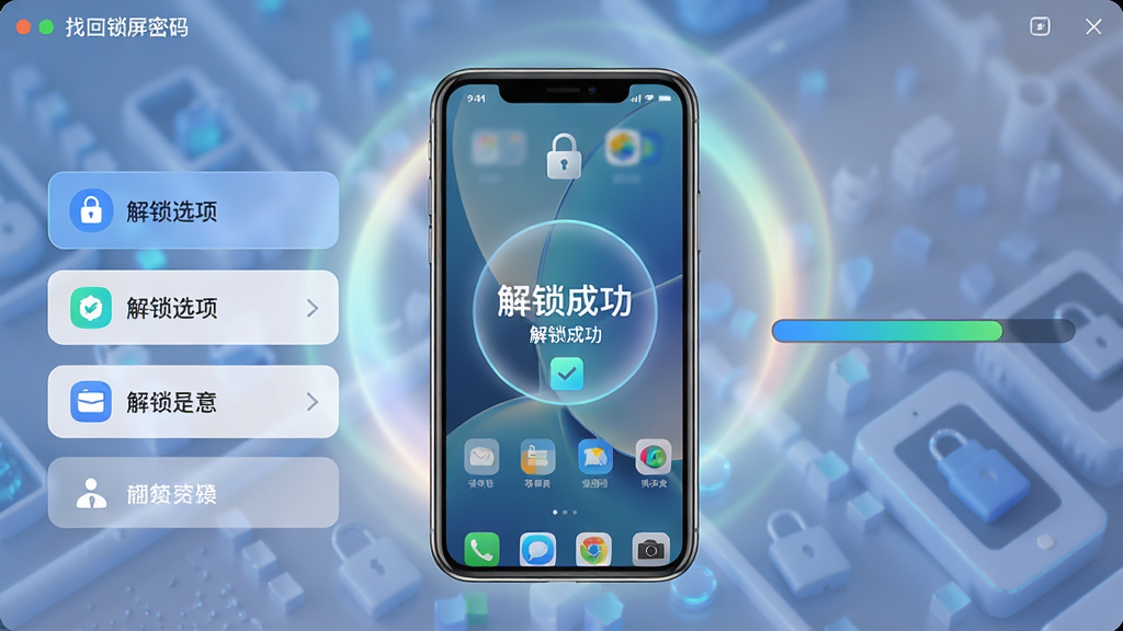 主体:一款名为“找回锁屏密码”的软件界面,显示解锁成功动画,手机屏幕从锁定状态变为桌面。布局:界面中央为手机模型,左侧列出解锁选项,右侧显示进度条。排版:简洁现代,功能图标排列整齐。风格:科技感、明亮色调。细节:手机屏幕上有“解锁成功”字样,背景有柔和光效。画质:高清,干净,无多余元素。