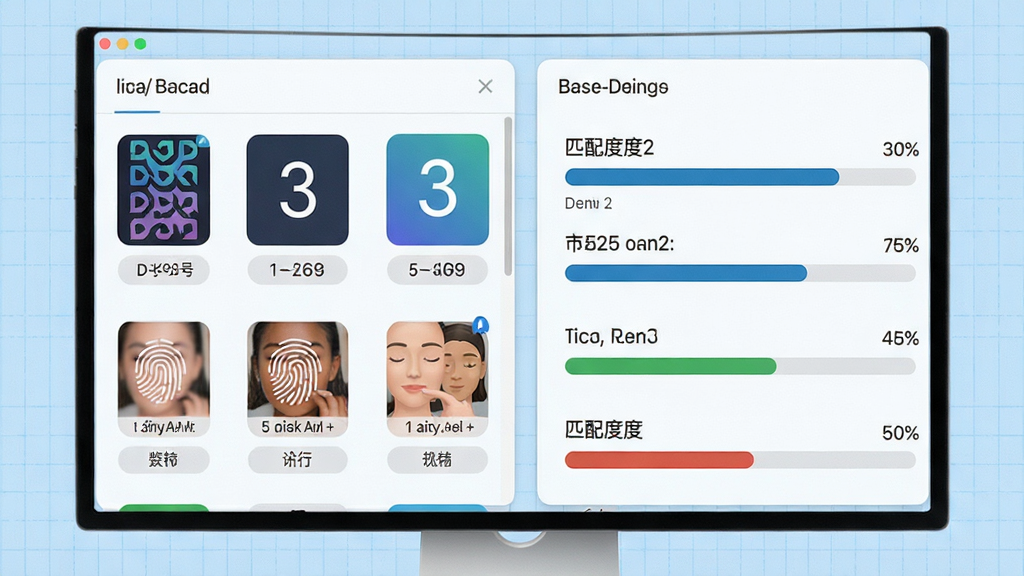 主体:软件运行界面,显示多种锁屏类型图标(图案、数字、指纹、面部)。布局:左侧为识别结果列表,右侧为匹配度百分比。排版:数据可视化清晰,色彩分明。风格:专业、简洁。细节:每个图标下有设备型号标注,背景为淡蓝色网格。画质:高清,干净,无多余元素。