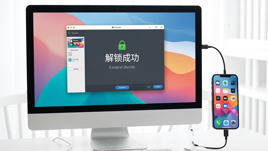 主体:一台电脑和一台手机通过USB线连接,屏幕上显示“解锁成功”界面。布局:电脑屏幕放大展示软件界面,手机放在旁边。排版:左右排列,电脑为主角。风格:写实、明亮。细节:电脑屏幕有软件运行窗口,手机显示桌面壁纸。画质:高清,干净,无多余元素。