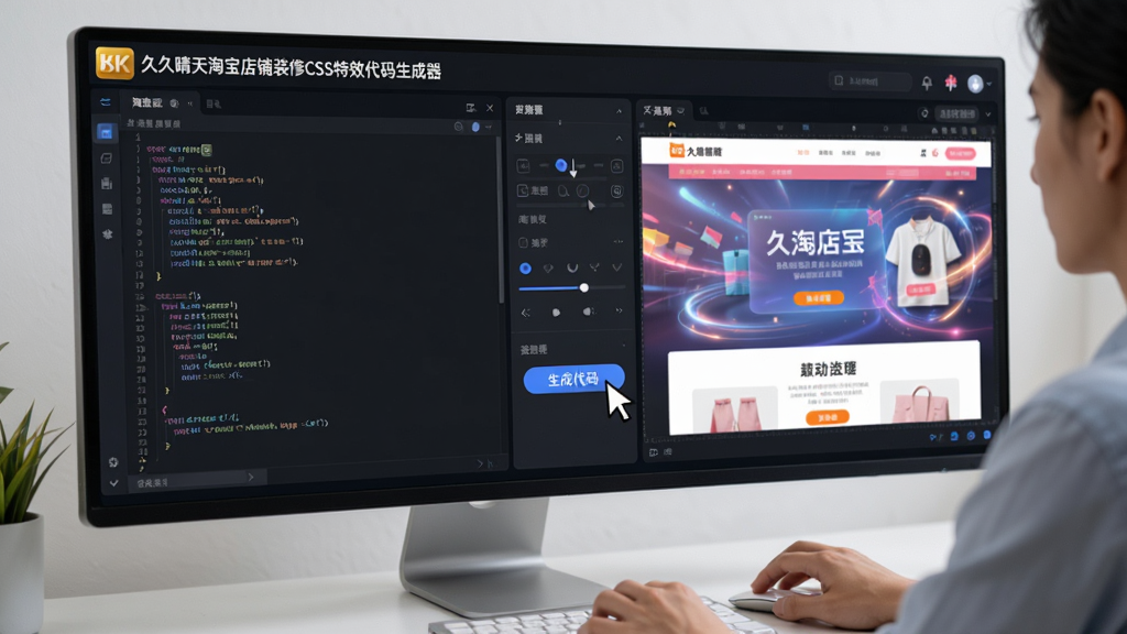 主体:电脑屏幕前,一位淘宝店主正在使用“久久晴天淘宝店铺装修CSS特效代码生成器”软件界面,屏幕上展示着绚丽的店铺特效预览。布局:左侧为代码编辑区,右侧为实时预览区,中间有可视化控件面板。排版:清晰的功能分区,现代感十足的深色UI设计。风格:科技感、专业、明亮。细节:屏幕中店铺页面呈现动态光效与平滑动画,鼠标箭头正在点击“生成代码”按钮,软件logo醒目。画质:8k超清,干净,无多余元素。