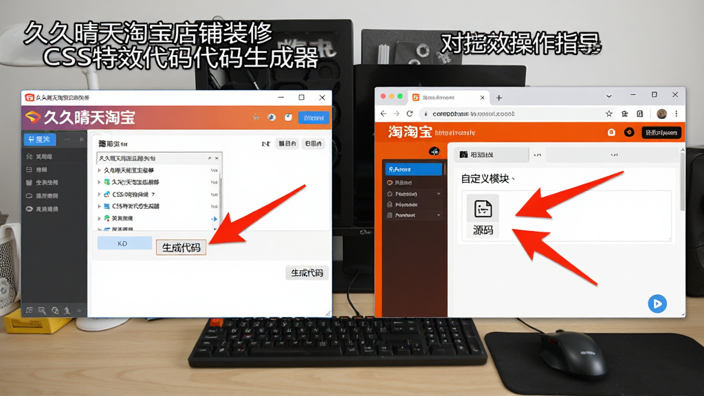 主体:一张电脑桌面上同时打开着“久久晴天淘宝店铺装修CSS特效代码生成器”和浏览器中的淘宝后台。布局:左侧为软件窗口,右侧为浏览器窗口。排版:并列对照,操作指引清晰。风格:教学指导风格,真实场景。细节:软件窗口中有一个红色箭头指向“生成代码”按钮,浏览器窗口中有一个红色箭头指向“自定义模块”的“源码”图标。画质:清晰锐利,干净,无多余元素。