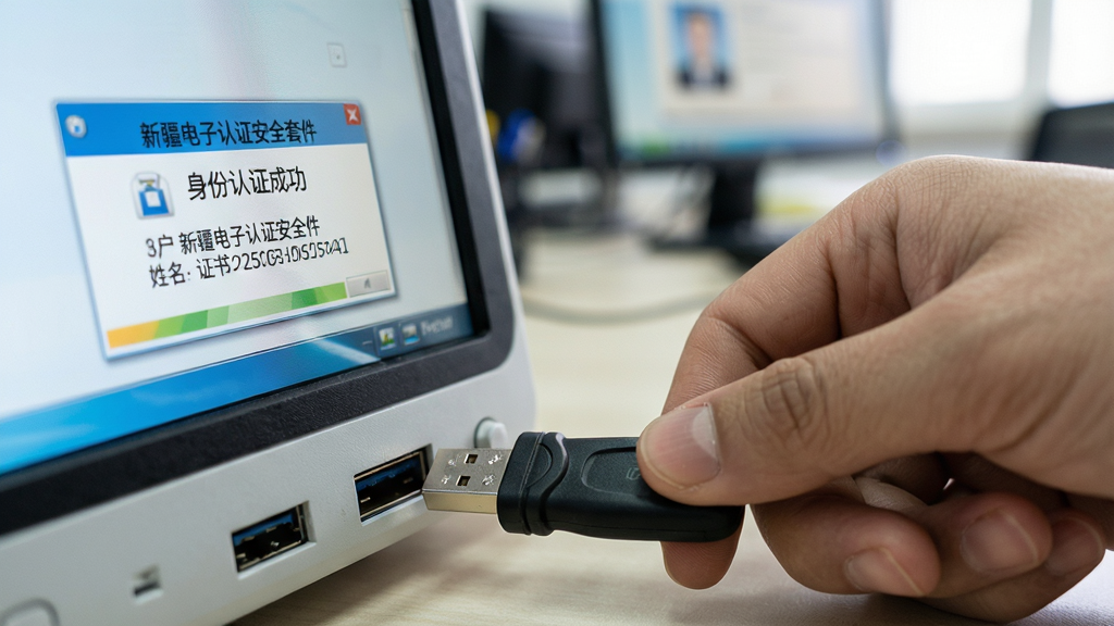 特写镜头中,一只手将一枚黑色USBKey插入电脑USB接口,屏幕同步弹出“新疆电子认证安全套件”身份认证成功提示框,界面显示用户姓名与证书编号,背景为模糊的办公环境,整体风格写实,细节锐利,画质干净,无多余元素