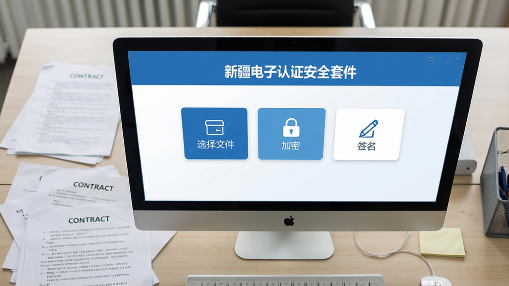 俯视视角下,一张办公桌面上散落着合同文件,电脑屏幕显示“新疆电子认证安全套件”的加密/签名操作界面,界面中有“选择文件”“加密”“签名”三个功能卡片,卡片以蓝白配色,界面简洁,整体画面清晰自然,画质干净,无多余元素