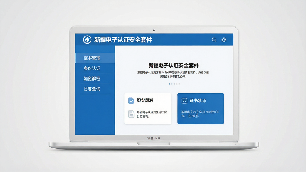 在干净的浅灰色渐变背景前,一台银白色笔记本电脑屏幕居中显示“新疆电子认证安全套件”主界面,界面以蓝色和白色为主色调,左侧功能菜单列出“证书管理、身份认证、加密解密、日志查询”,右侧为欢迎页和证书状态卡片,整体风格简约商务,UI排版整齐,细节清晰,画质干净,无多余元素