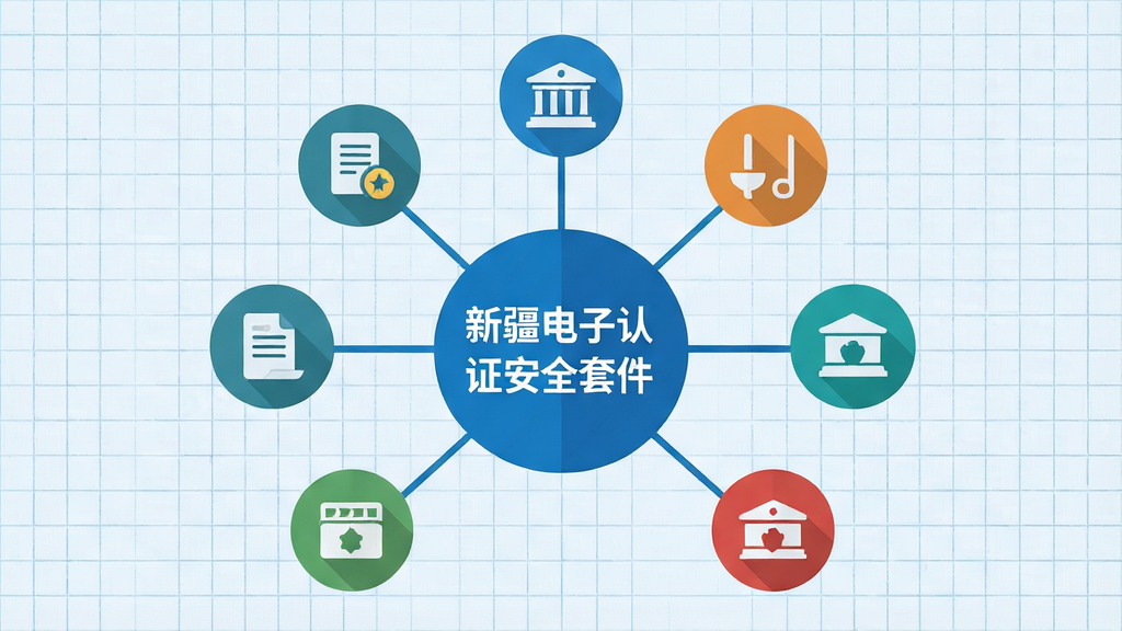 一幅示意图中,一个蓝色圆形中心写着“新疆电子认证安全套件”,向外辐射出多个图标,分别代表政务、税务、社保、交易等系统,图标采用扁平化风格,背景为淡蓝色网格纸,布局整齐,色彩清晰,画质干净,无多余元素