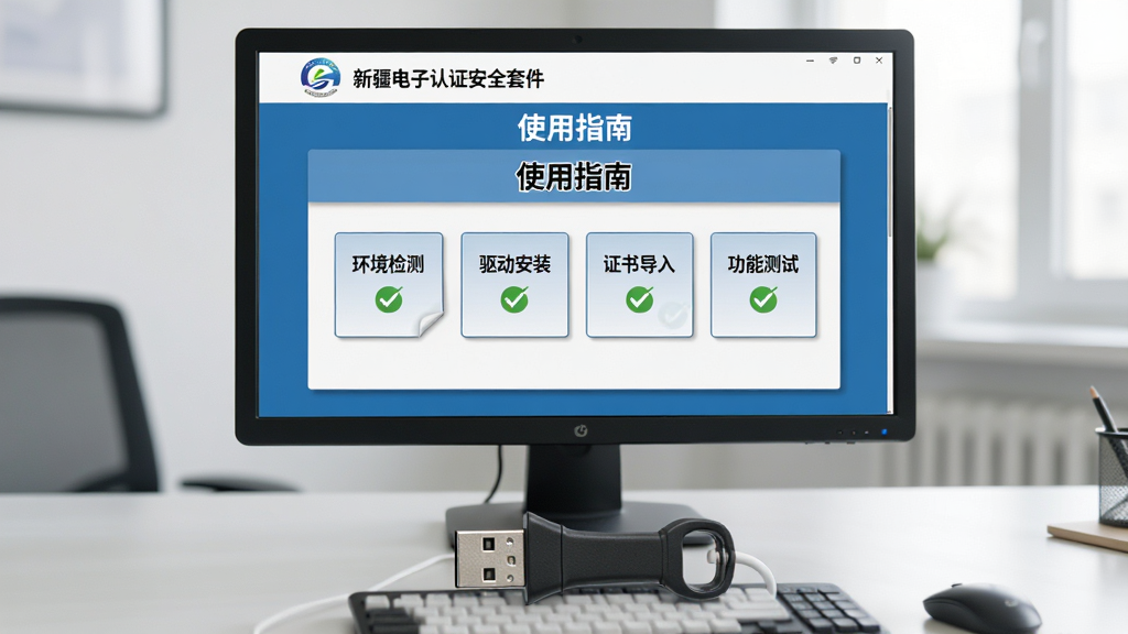 电脑屏幕前放着一个打开的USBKey,屏幕显示“新疆电子认证安全套件”的“使用指南”页面,页面有“环境检测、驱动安装、证书导入、功能测试”四个步骤,每步下方有对勾标记,背景为简洁的办公桌,整体风格写实,光线柔和,画质干净,无多余元素