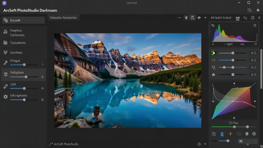 一幅展示ArcSoft PhotoStudio Darkroom软件主界面的高清数字插画,主体为软件在深色背景上运行,布局包含左侧导航栏、中央预览区显示一张色彩丰富的风景照片、右侧为可调节的参数面板。排版采用对称构图,风格为现代扁平化结合微拟物,细节展现滑块、直方图、色彩曲线等工具图标,画质清晰锐利,干净无多余元素。