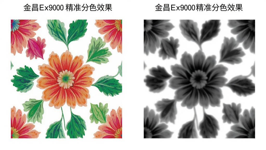 展示金昌Ex9000分色前后的对比图,左侧为彩色原稿图案,右侧为分色后的单色灰度胶片效果,图案为花卉纹理,背景为纯白色,布局左右对称,风格简洁写实,细节体现色彩分离的精确性,画质高清,干净无杂物,文字标注“金昌Ex9000精准分色效果”