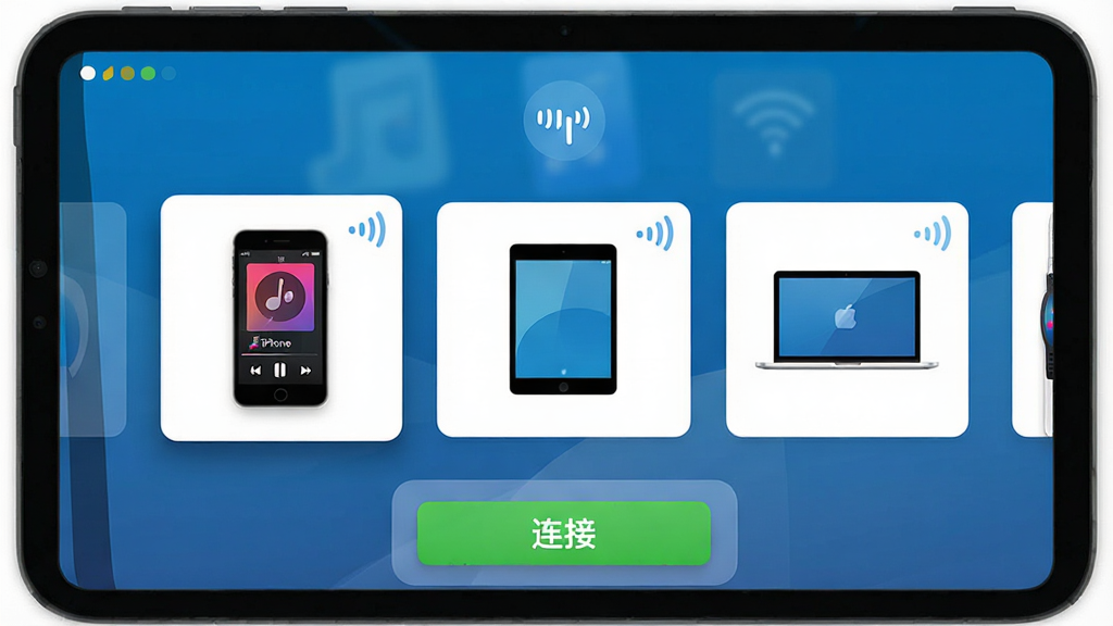 主体:AirPlay音乐播放器软件的连接界面,显示设备列表。布局:上方是网络状态图标,中间是发现的三台设备(iPhone、iPad、MacBook),底部是“连接”按钮。排版:图标化设计,设备卡片整齐排列。风格:明亮简洁的扁平化风格,配色以蓝白为主。细节:每台设备旁有信号强度图标,iPhone屏幕上有音乐播放界面,连接按钮为绿色高亮。画质:高清,干净,无多余元素。
