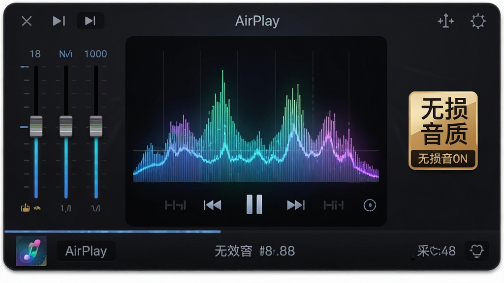 主体:AirPlay音乐播放器的音效均衡器界面,展示无损音乐播放状态。布局:中央为频谱动态条,左侧是均衡器滑杆,右侧显示“无损音质”徽章。排版:深色背景配发光元素,科技感强。风格:专业音频软件风格,数据可视化。细节:频谱条随音乐节奏跳动,均衡器有多个频段滑杆,底部有歌曲名称和采样率标识。画质:高清晰度,光影效果细腻,无多余元素。