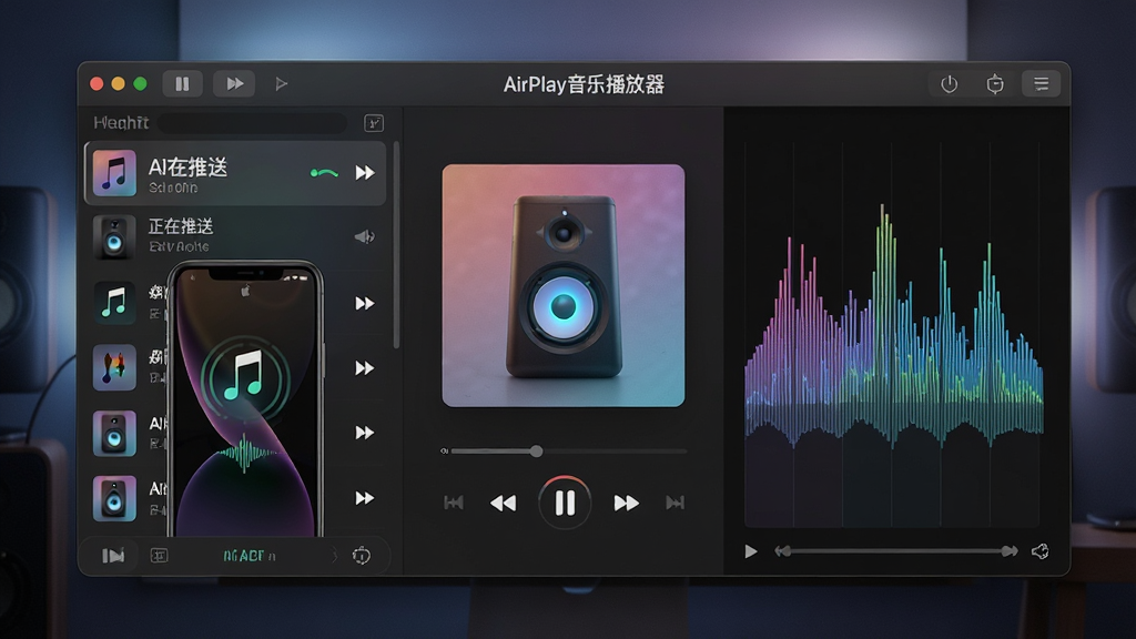 主体:一款名为“AirPlay音乐播放器”的电脑软件界面,显示正在接收苹果手机推送的音乐。布局:左侧是播放列表,右侧是可视化音频频谱,中间是专辑封面与播放控制按钮。排版:简洁现代的深色主题,信息层级分明。风格:科技感、专业音频工具风格,界面干净无冗余元素。细节:屏幕上有“AirPlay音乐播放器”字样,手机屏幕显示“正在推送”,音箱图标亮起,背景有柔和的光效。画质:高清渲染,细节清晰,画面纯净,无多余元素。