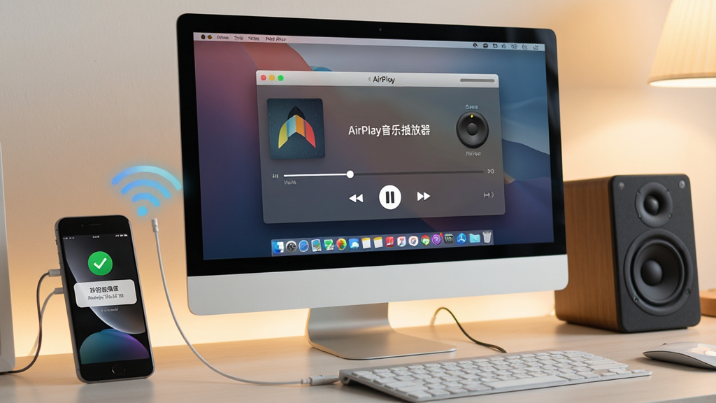 主体:AirPlay音乐播放器在电脑上运行的截图,显示正在播放一首歌,手机在旁边。布局:电脑屏幕显示播放界面,左侧是手机,右侧是音箱。排版:画面干净,电脑与手机通过无线信号图标连接。风格:生活化场景,柔和光线。细节:电脑屏幕上显示“AirPlay音乐播放器”字样,歌曲进度条清晰,手机屏幕显示推送成功通知。画质:高清,自然,无多余元素。