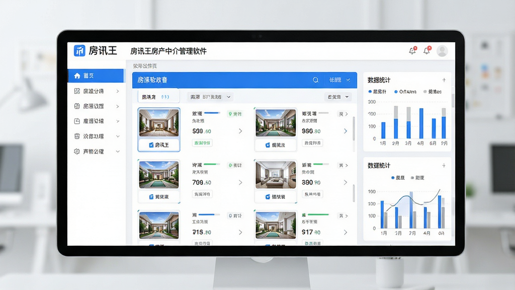 一张现代简约风格的软件主界面预览图,画面中央展示“房讯王房产中介管理软件”的房源列表看板,左侧为功能导航栏,右侧为数据统计图表,整体配色以蓝白为主,界面清晰干净,布局规整,科技感强,高清画质,无多余元素