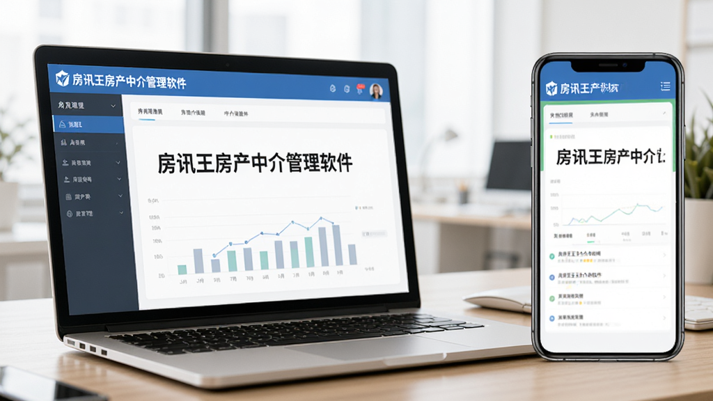 一张展示“房讯王房产中介管理软件”在电脑和手机上的使用场景图,画面左侧为笔记本电脑,右侧为手机,屏幕中均显示软件界面,背景为办公桌面,整体风格写实,光线明亮,画质清晰,无多余元素