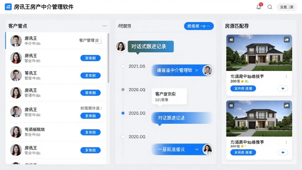 展示“房讯王房产中介管理软件”客户管理功能的界面,画面左侧为客户列表,中间为对话式跟进记录时间线,右侧为需求匹配的房源推荐卡片,整体采用浅灰背景,蓝色高亮按钮,界面简洁直观,画质细腻,无多余元素